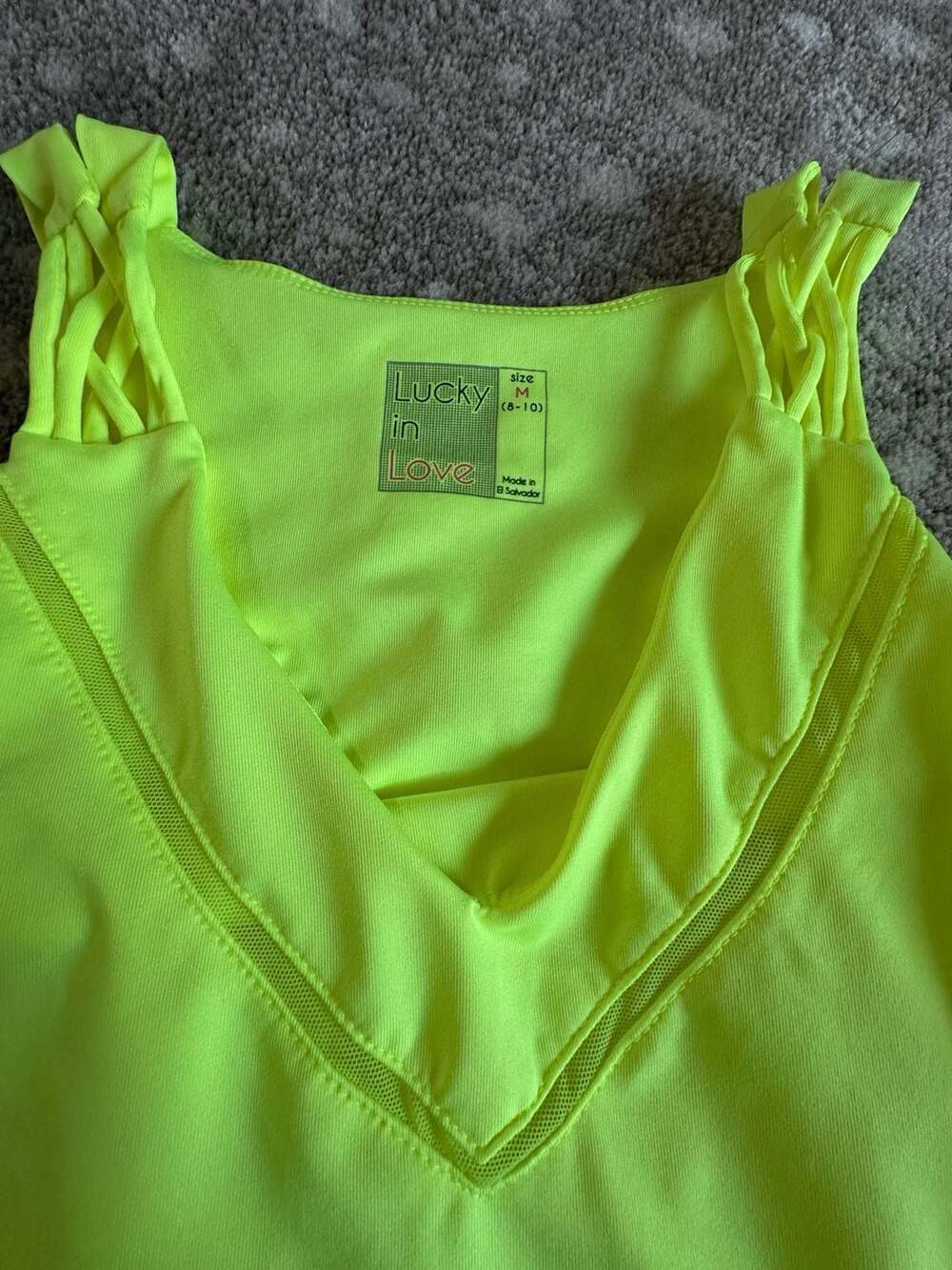 Lucky In Love Tank Top Size M Yellow Neon Athletic Mesh V-Neck